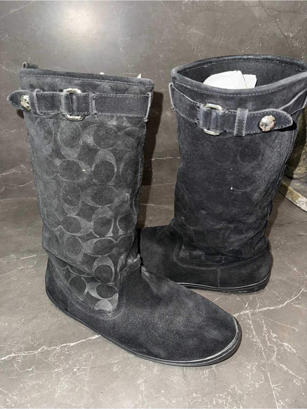 Coach Black Suede Logo Boots with Buckle Accent - Picture 2 of 4